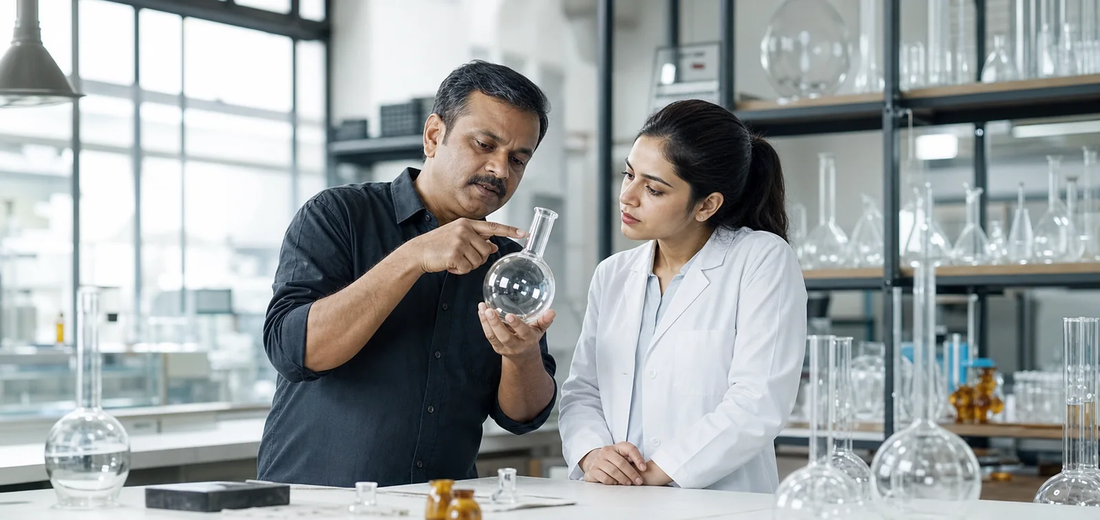 Laboratory glassware specialists reviewing product requirements